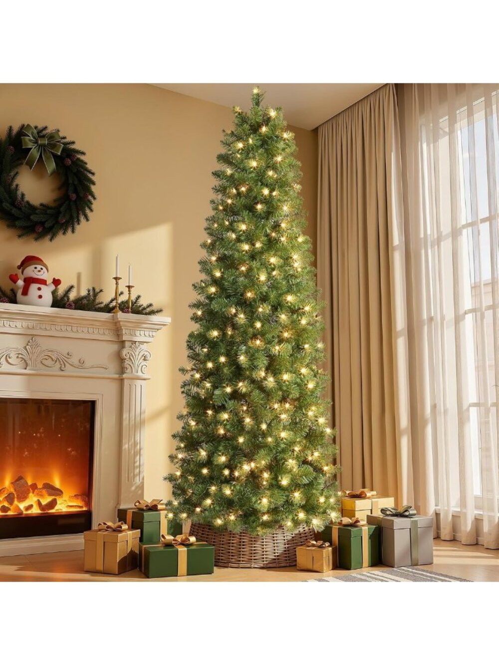 SHareconn Prelit Artificial Pencil Christmas Tree 7FT & Warm White Lights